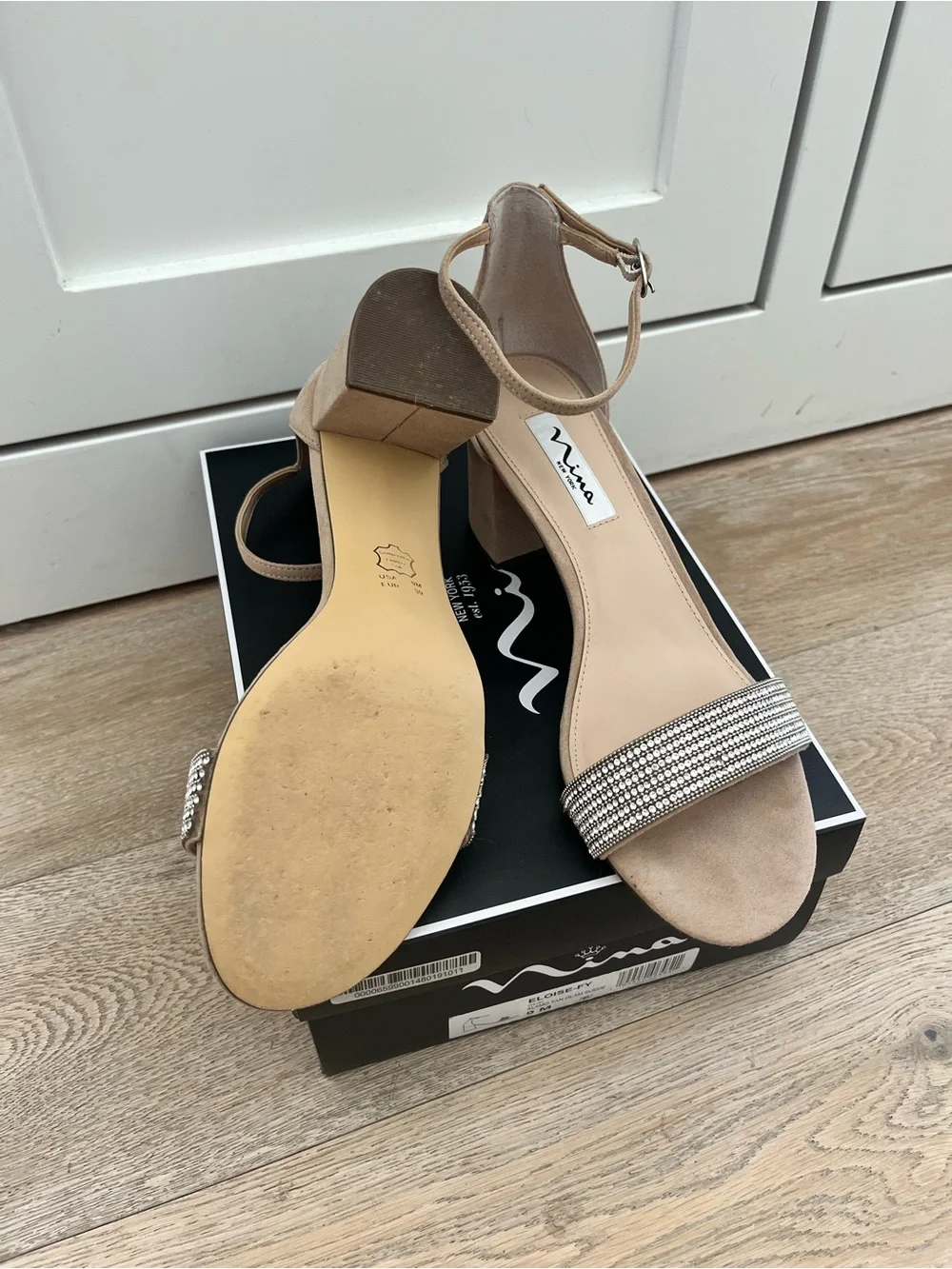 Nina Nude Rhinestone Strap Block Heel Sandals